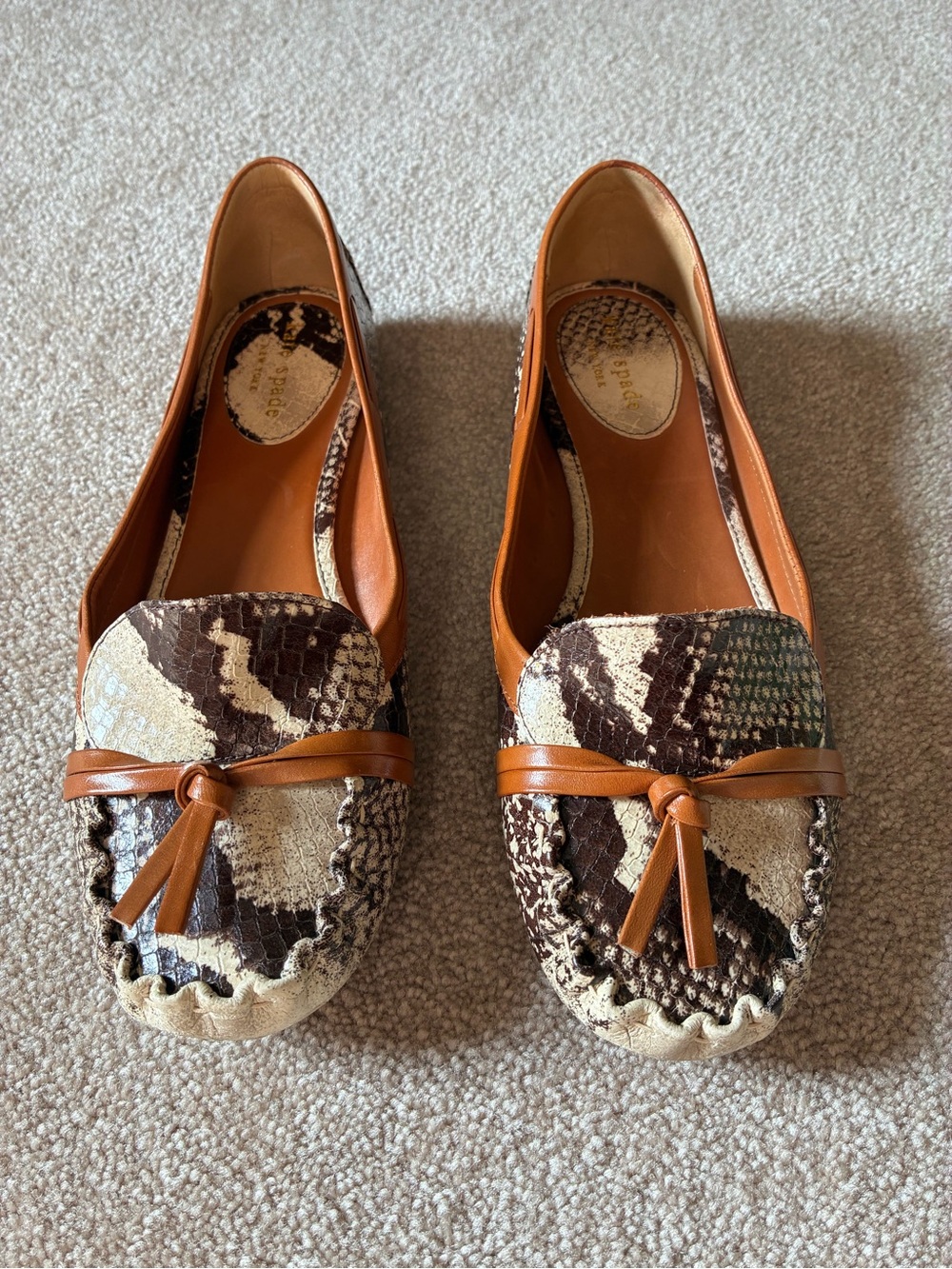 kate spade Brown Snake-Print Tassel Moccasins